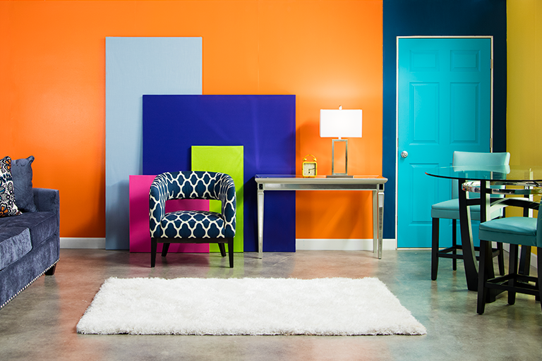 Living room scene with bright colors.